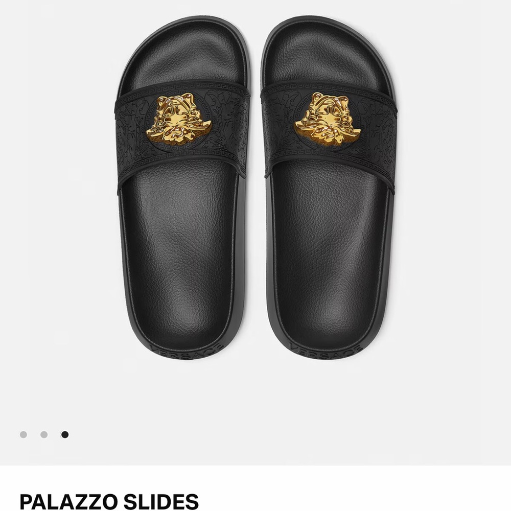 Versace Black and Gold Sandals with Medallion Design